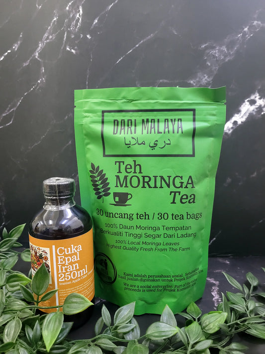 KOMBO TEH MORINGA DARI MALAYA 30 UNCANG + CUKA EPAL IRAN 250ML