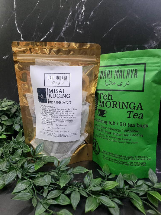 KOMBO 1 TEH MORINGA DARI MALAYA 30 UNCANG + MISAI KUCING 30 UNCANG