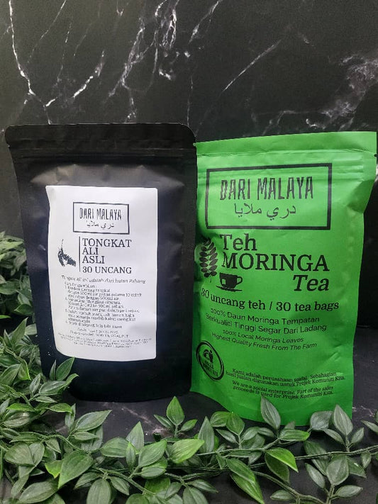 KOMBO 1 TEH MORINGA DARI MALAYA 30 UNCANG + TONGKAT ALI ASLI 30 UNCANG