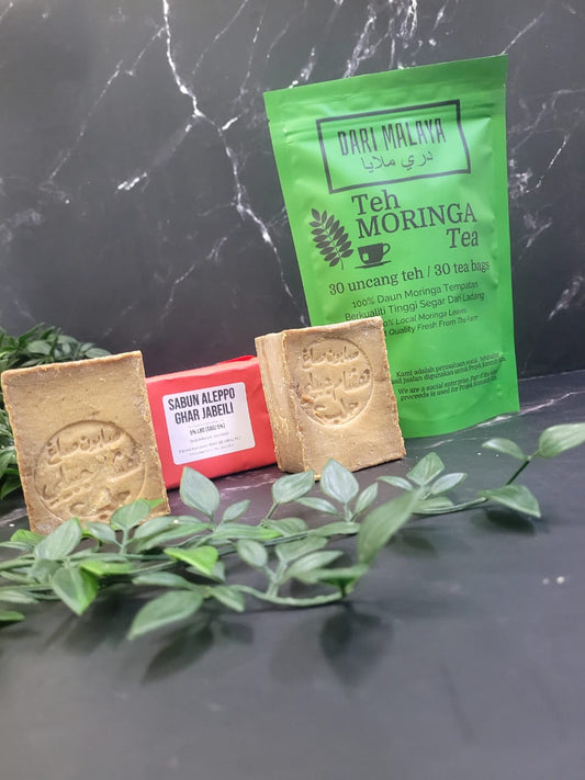 KOMBO 1 TEH MORINGA 30 UNCANG + 1 SABUN ALEPPO JEBEILI